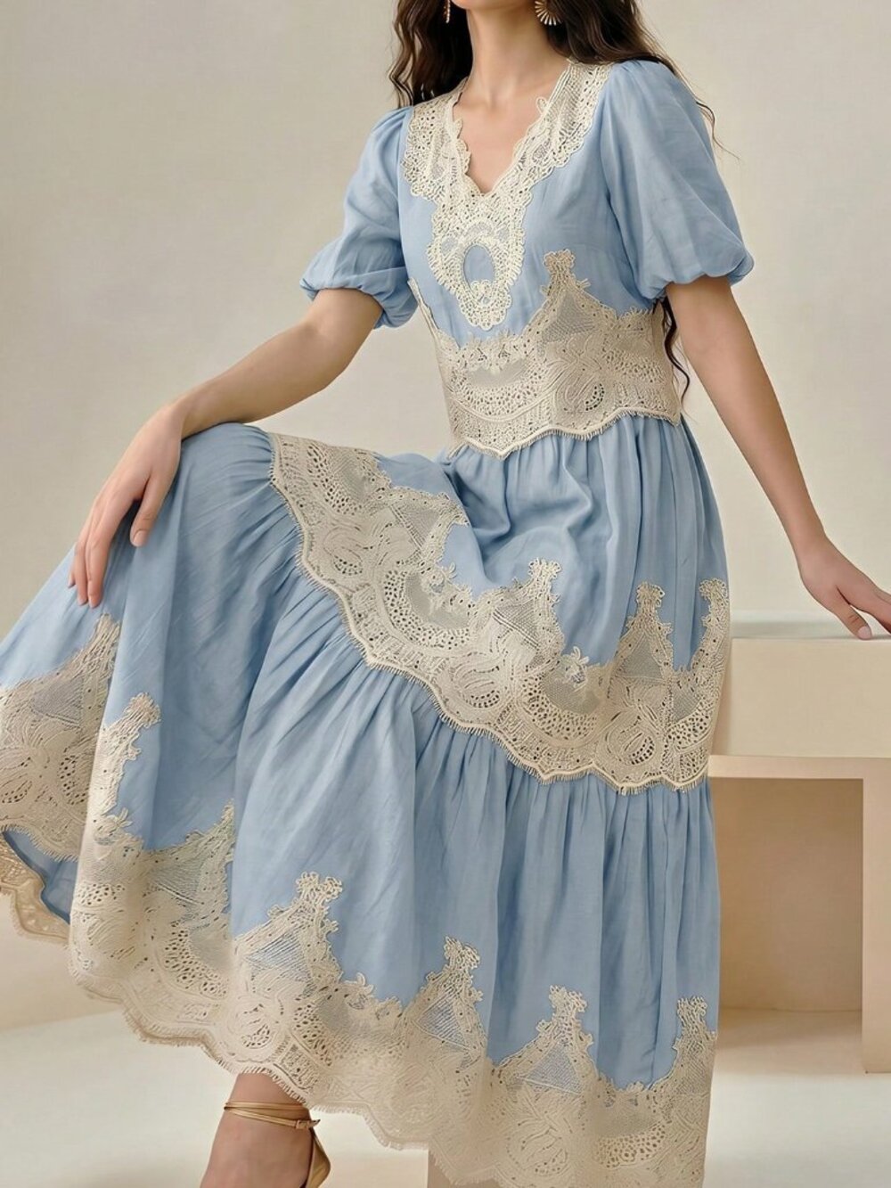 Blue Elegant Women's V-Neck Puff Sleeve Lace Patchwork Flared Skirt Set - Picture 4 of 7